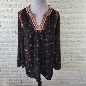 Denim 24/7 16W Tunic Top Black Brown Floral Embroidered V-Neck Polyester FLO103E